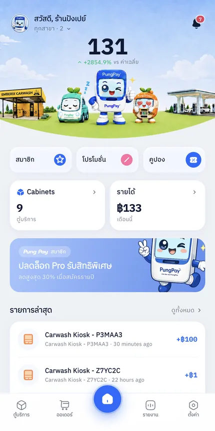 หน้าหลักของแอป PungPay แสดงยอดขายวันนี้ จำนวนตู้ และรายการล่าสุด