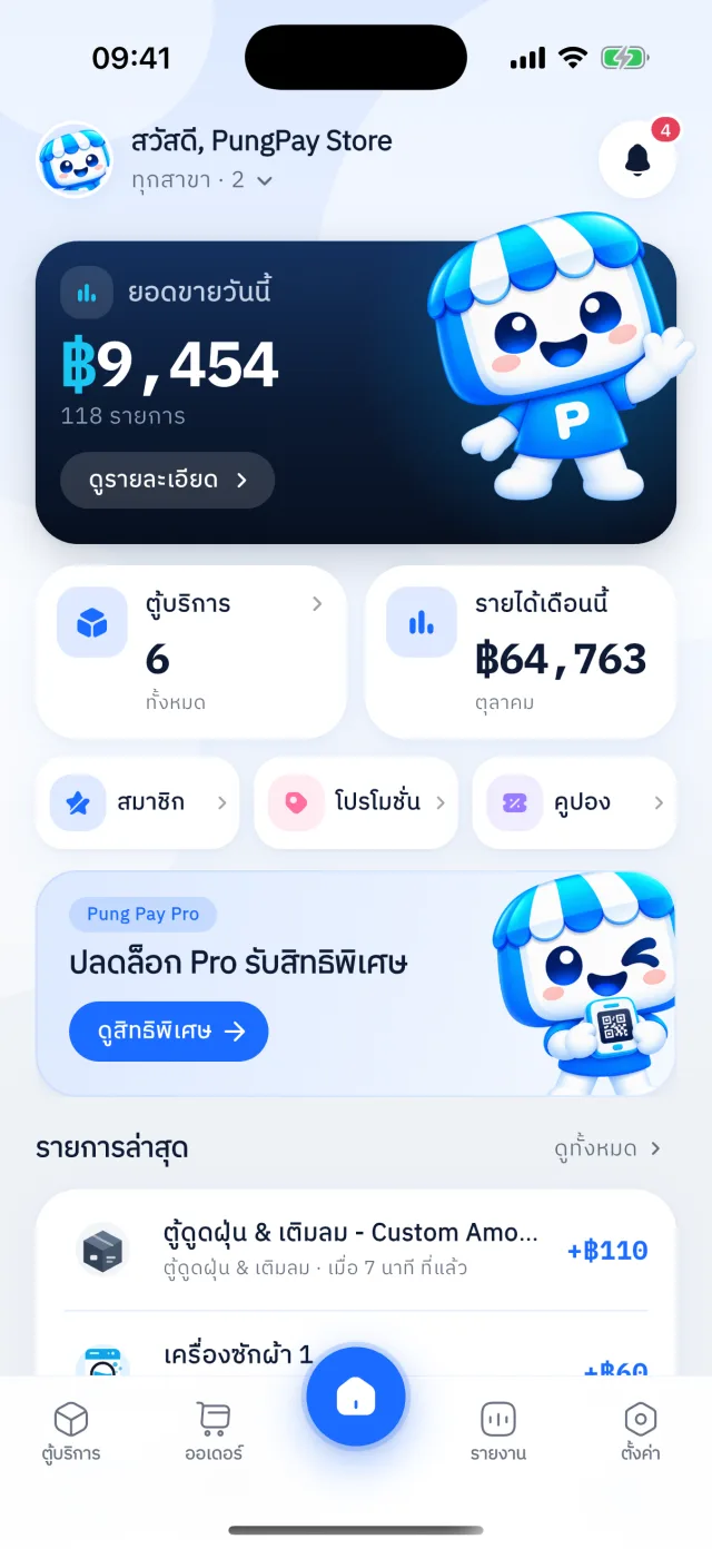 หน้าหลักของแอป PungPay แสดงยอดขายวันนี้ จำนวนตู้ และรายการล่าสุด